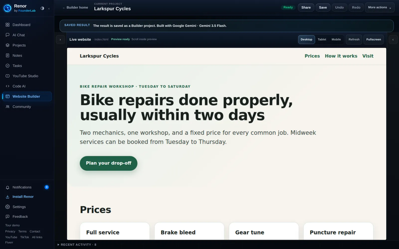 Renor Website Builder showing a saved Larkspur Cycles site in its live preview: the headline “Bike repairs done properly, usually within two days”, a Plan your drop-off button and the start of a price list.