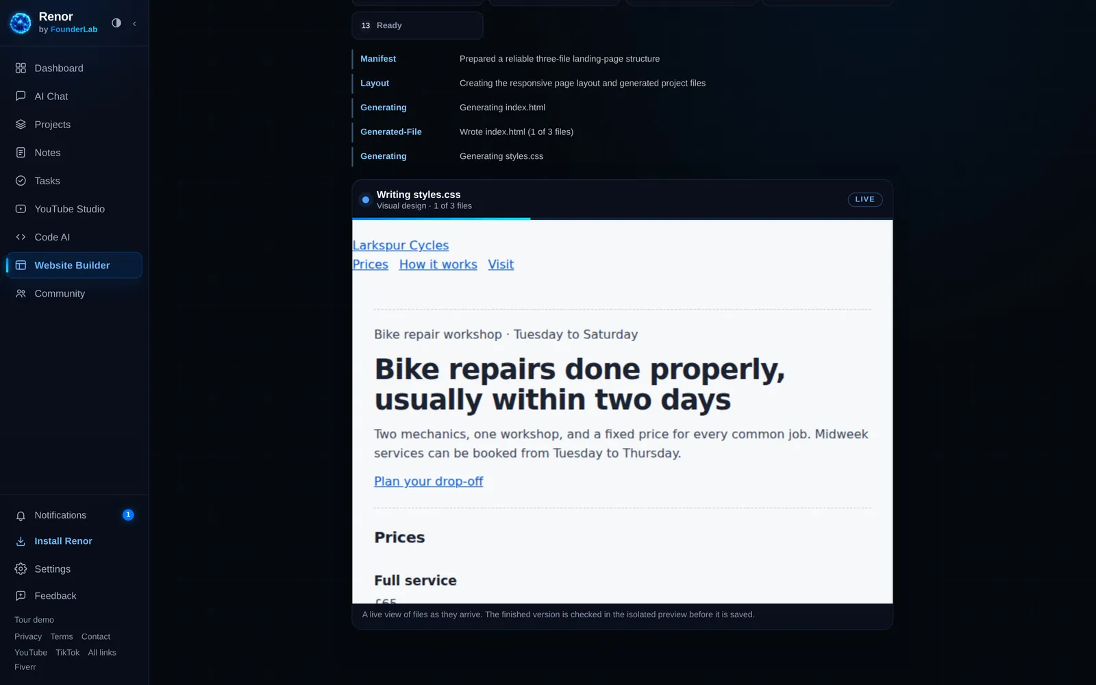 Reference still for “Build a website”, taken from the real Renor screen