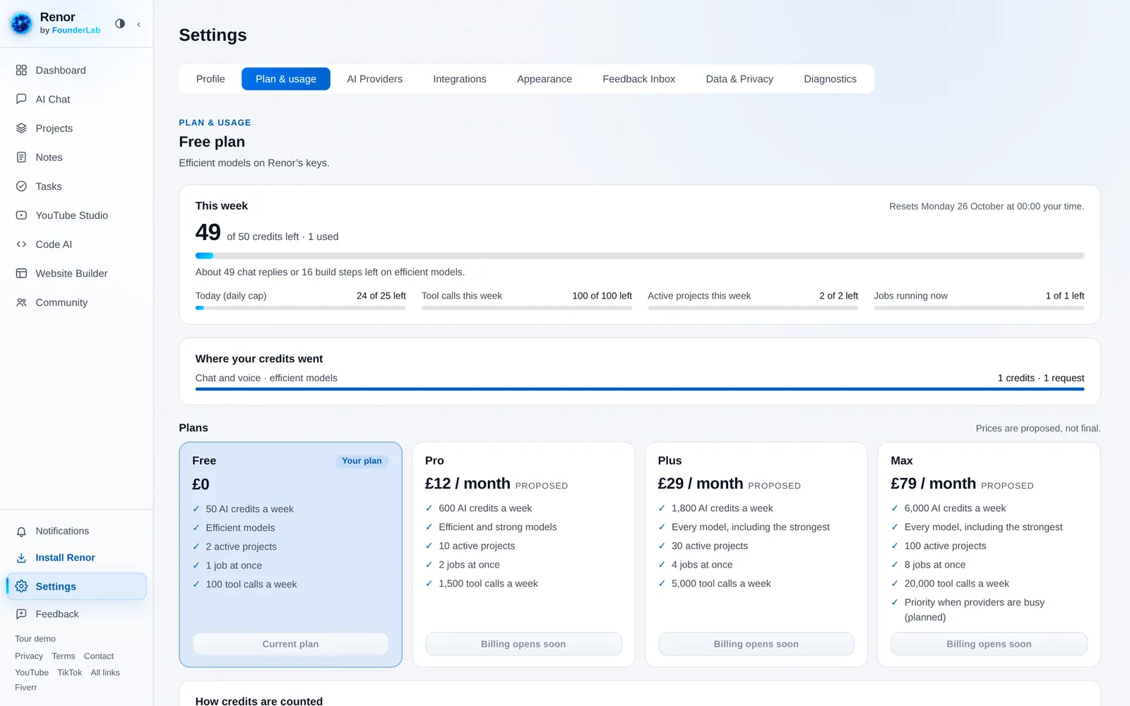 Renor Settings, Plan and usage: Free plan with 49 of 50 weekly credits left and the reset time, a breakdown of where credits went, and Free, Pro, Plus and Max plans with paid prices marked Proposed and buttons reading Billing opens soon.