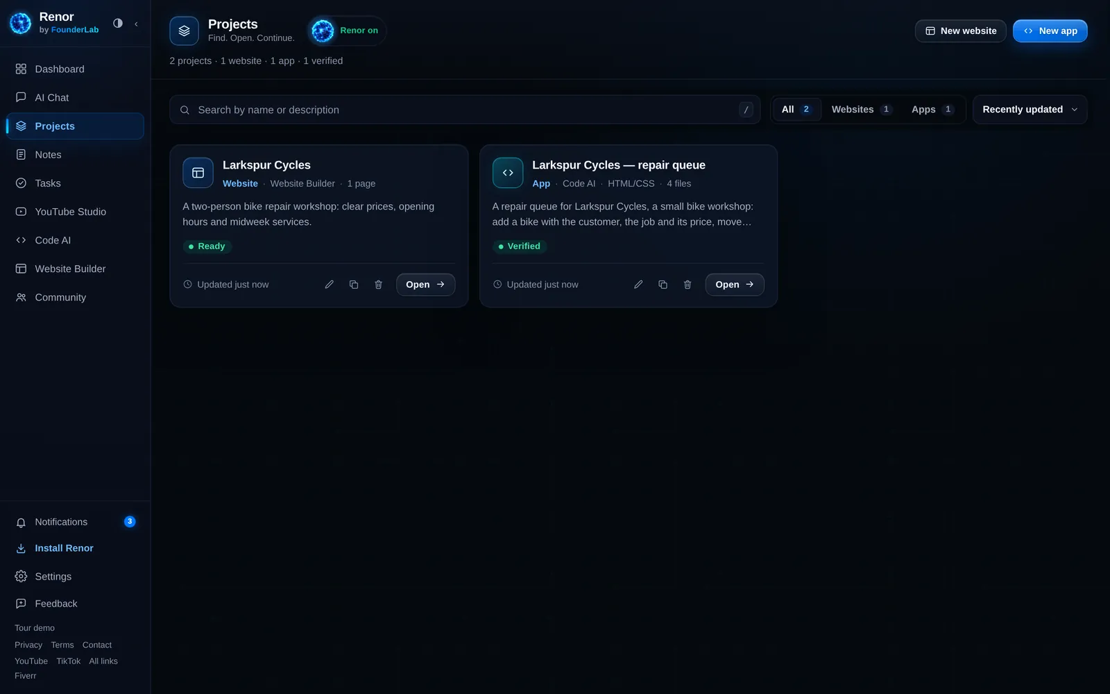 Renor Projects room listing two projects: the Larkspur Cycles website, Ready, and the Larkspur Cycles repair queue app, Verified, each with Open, rename, duplicate and delete controls.