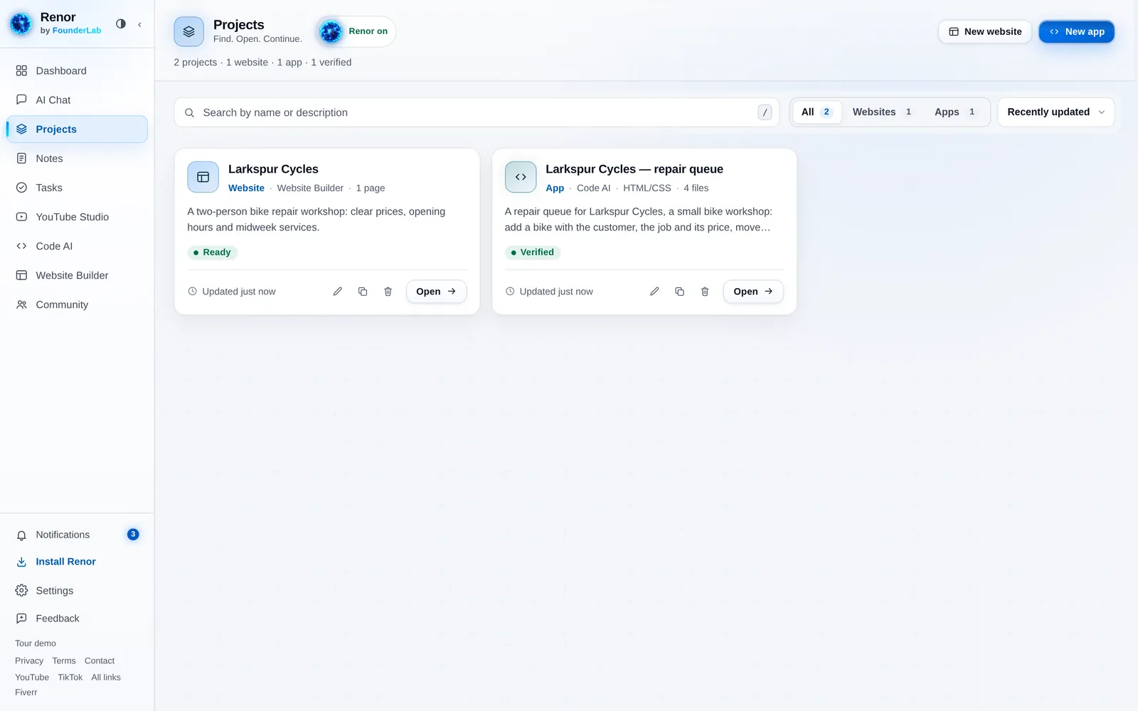 Renor Projects room listing two projects: the Larkspur Cycles website, Ready, and the Larkspur Cycles repair queue app, Verified, each with Open, rename, duplicate and delete controls.