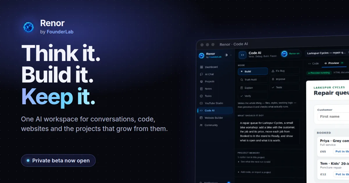 Renor launch graphic: the glowing Renor orb, the line “Think it. Build it. Keep it.”, a real screenshot of Code AI running a repair queue app, and “Renor by FounderLab, private beta”.