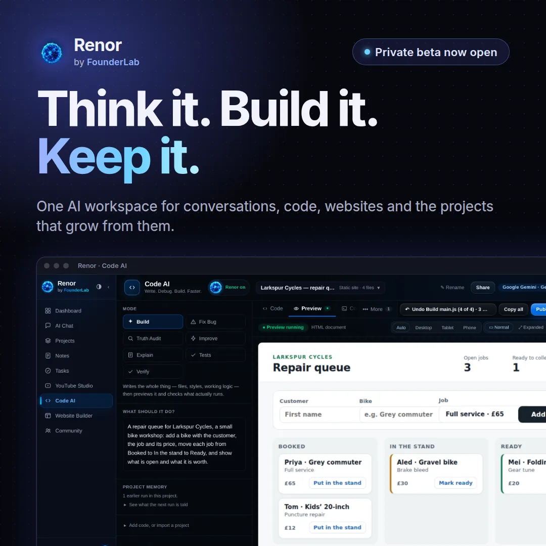 Renor launch graphic: the glowing Renor orb, the line “Think it. Build it. Keep it.”, a real screenshot of Code AI running a repair queue app, and “Renor by FounderLab, private beta”.